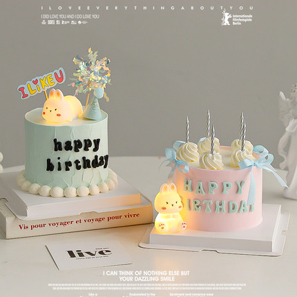 兔宝宝周岁ins蛋糕装饰摆件发光兔子满月一百天儿童生日布置插件