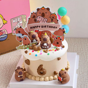 网红卡皮巴拉儿童生日蛋糕装 饰洗澡摸鱼河豚插牌卡通水豚烘焙摆件