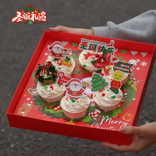 圣诞节花环纸杯蛋糕包装手提盒