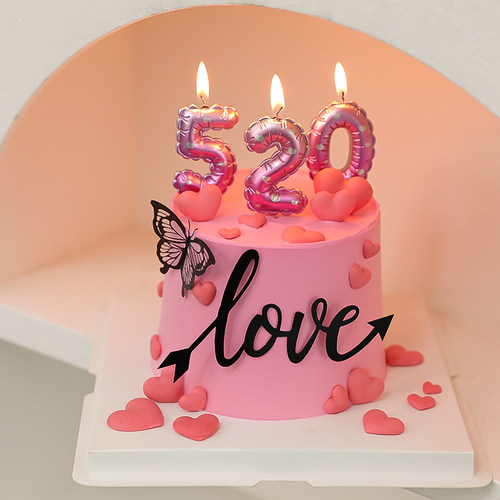 520情人节蛋糕装饰告白气球蜡烛摆件情侣表白love亚克力蝴蝶插件