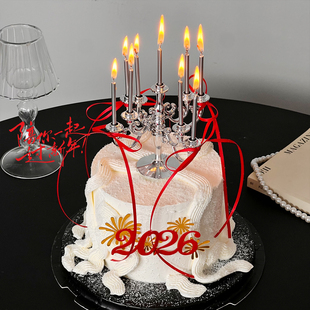 2026新年跨年蛋糕装饰银色烛台摆件春节除夕夜礼花亚克力插牌插件