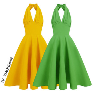 复古气质裙子年代感港风黄绿色收腰显瘦挂脖连衣裙夏露背高腰 法式