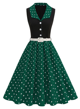 港风80年代感复古翻领无袖绿色波点连衣裙拼接气质派对舞蹈夏裙子