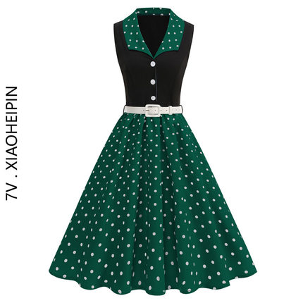 港风80年代感复古翻领无袖绿色波点连衣裙拼接气质派对舞蹈夏裙子