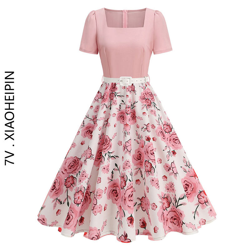 赫本风80年代感方领气质洋气短袖收腰拼接大摆过膝复古印花连衣裙,女装/女士精品,连衣裙,淘宝优惠券,粉丝福利购,淘宝优惠卷