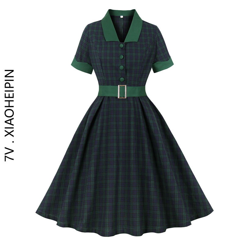 英伦港风复古绿色格子连衣裙气质显瘦收腰大摆短袖翻领中长款裙子