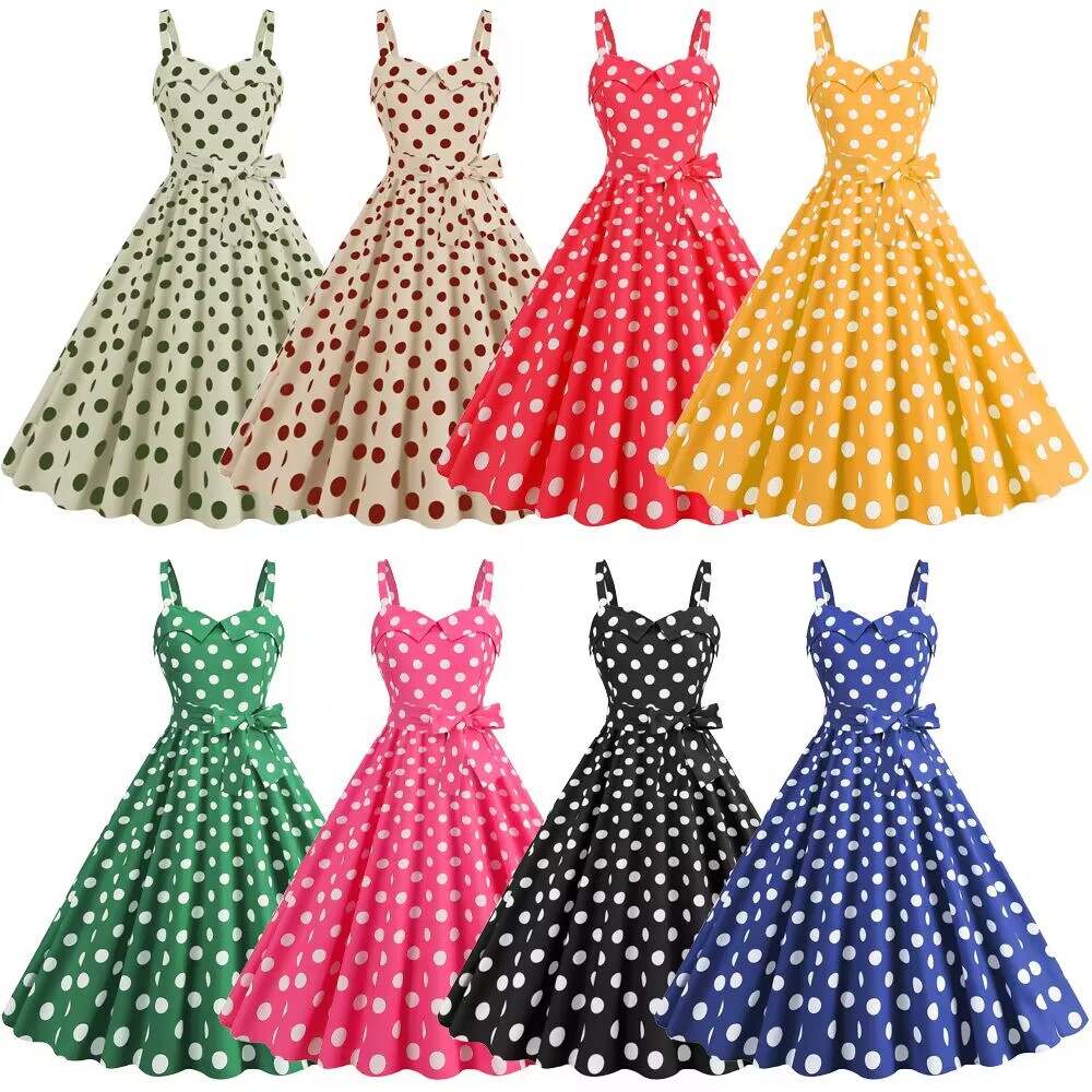 波点吊带连衣裙甜美少女姐妹表演舞蹈派对演出复古港风大摆中长裙