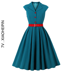 连衣裙 法式 赫本风气质西装 领收腰大摆长裙复古轻奢纯色夏季 女无袖