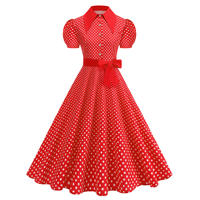 American era vintage women's dress, plus-size, elegant and youthful retro puffed sleeves, lapel polka dot dress, large skirt thumbnail 3