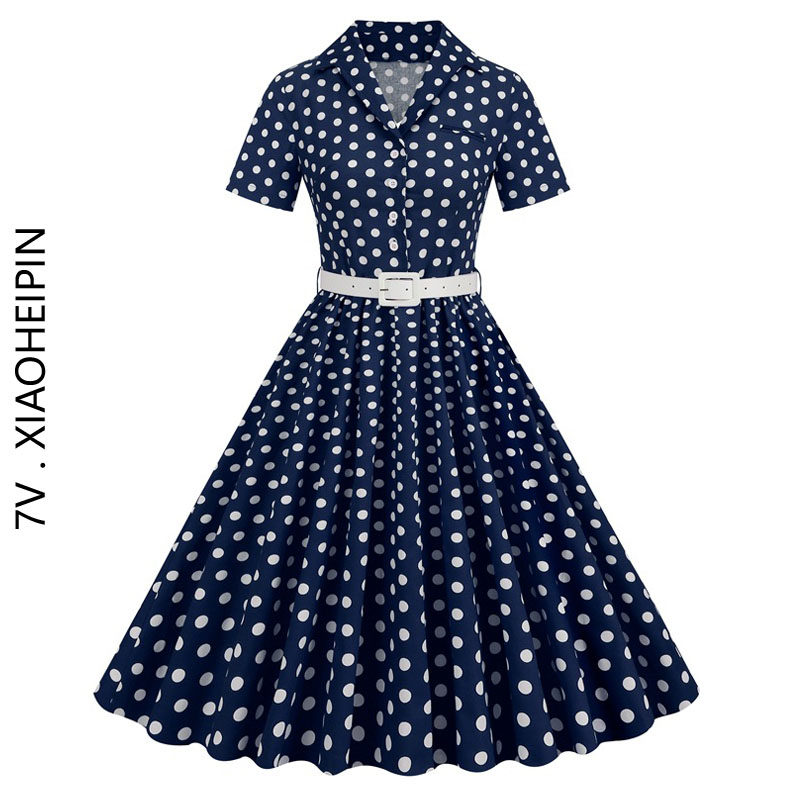 复古年代感女装夏翻领短袖蓬蓬气质显瘦赫本表演出大摆波点连衣裙