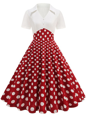 港风80年代感怀旧复古白色翻领短袖拼接波点派对舞蹈表演夏连衣裙