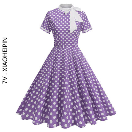 欧美式复古赫本风飘带立领优雅气质表演派对女装短袖夏波点连衣裙