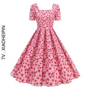 长款 爱心印花连衣裙气质甜美夏季 显瘦百褶大摆裙 复古方领短袖 法式
