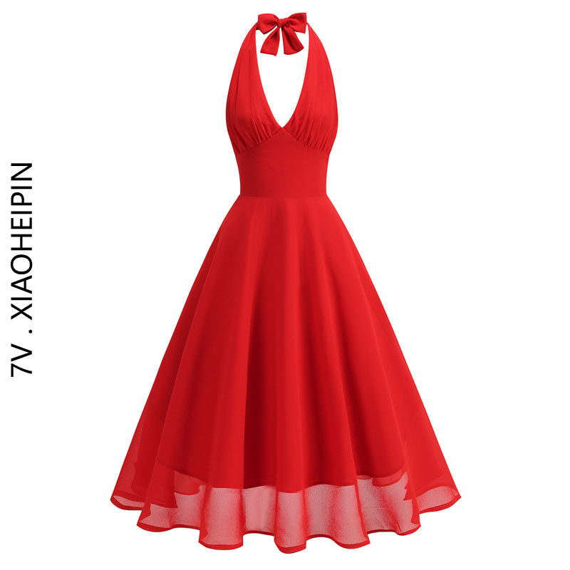 复古港风女神红色挂脖连衣裙显白气质收腰大摆飘逸雪纺度假赫本裙,女装/女士精品,连衣裙,淘宝优惠券,粉丝福利购,淘宝优惠卷