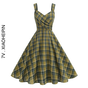 赫本法式 大摆表演派对背心裙吊带连衣裙 复古褶皱英伦格子掐腰无袖