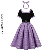 复古怀旧年代感港风短袖 撞色波点收腰大摆演出派对中长蓬蓬连衣裙