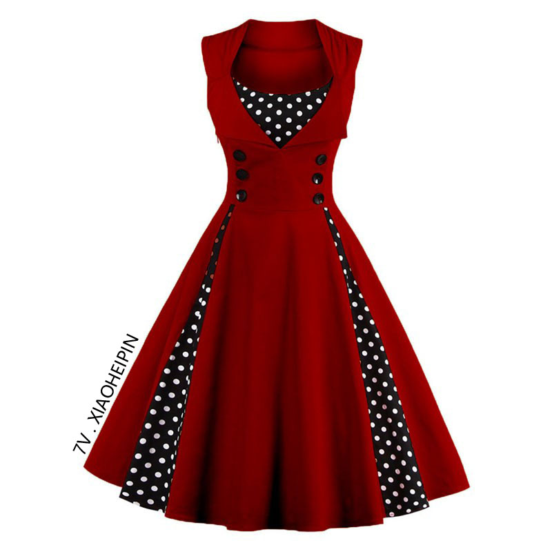 欧美复古无袖收腰大摆波点拼接连衣裙大码女装胖mm中长裙显瘦裙子