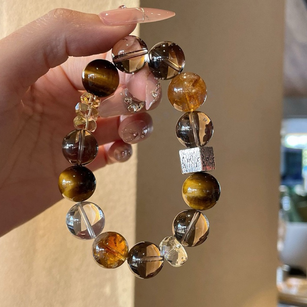 天然黄水晶黄虎眼黄茶晶手链女款单圈百搭配饰气质百搭高级感手串
