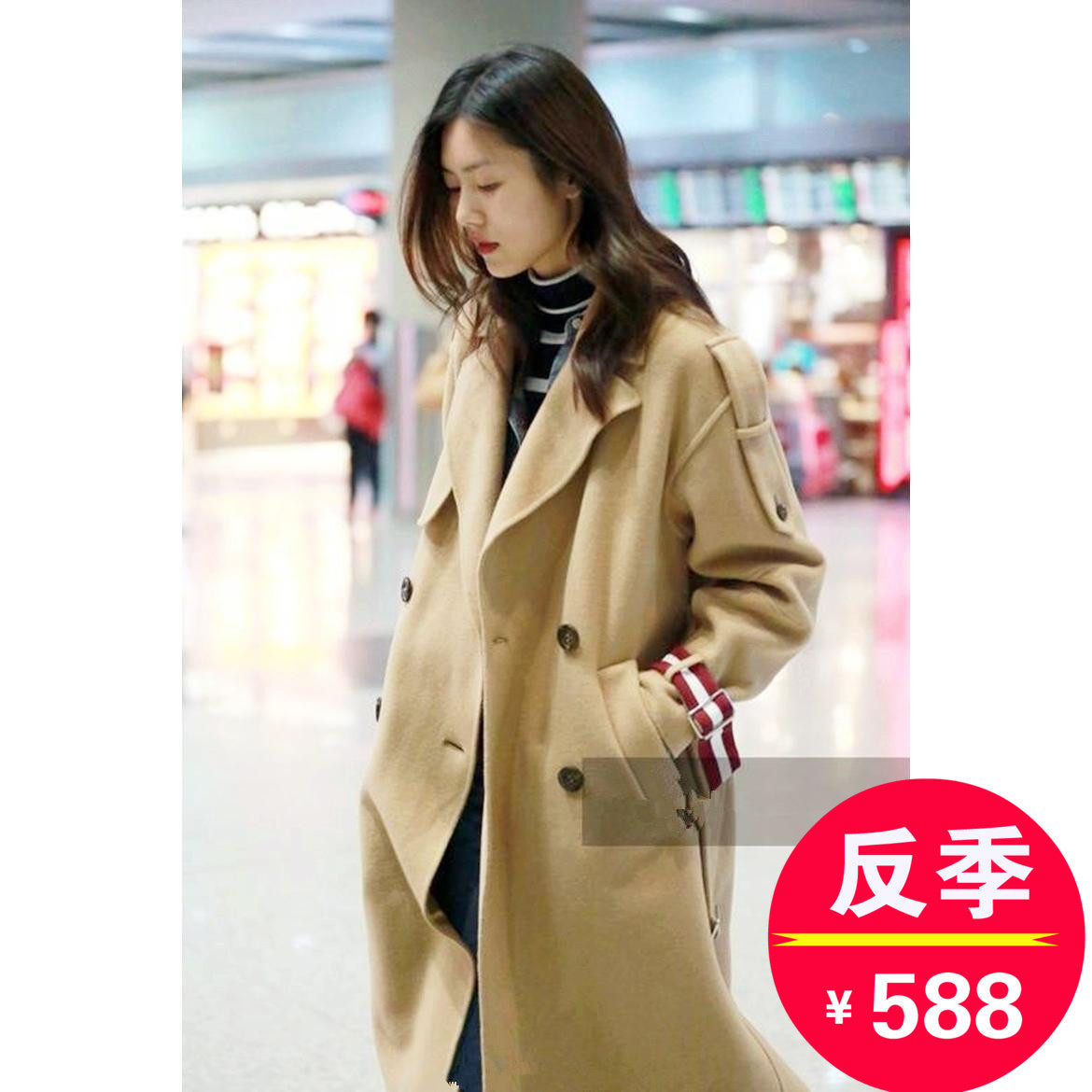 反季刘雯同款双面羊绒大衣女中长款军绿色风衣