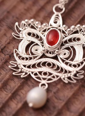 雁鸿花丝镶嵌成都银花丝足银手工非遗技艺醒狮项链