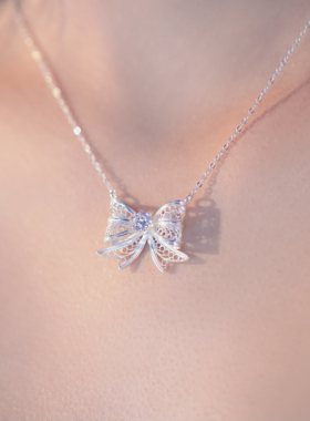非遗成都银花丝925银蝴蝶结锆石项链