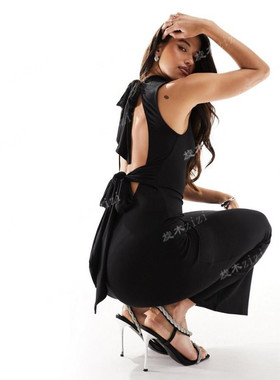 女高领无袖圆柱及地长裙英国正品代购2024春黑色蝴蝶结后背连衣裙