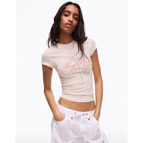 Bershka女子粉色印花修身短袖T恤英国正品代购2026年春运动休闲衫