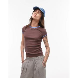 Topshop女子棕色全棉短袖T恤英国正品代购2025夏修身圆领休闲上衣