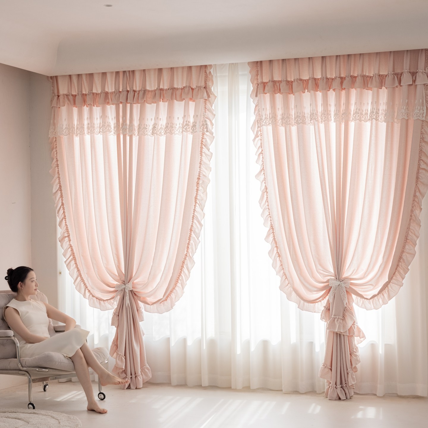 新款奶油公主风荷叶边窗帘透光不透人窗纱帘客厅阳台房间遮阳防晒