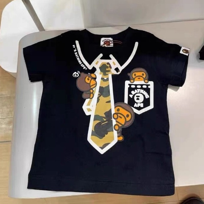 日系潮牌迷彩假领带儿童短袖T恤夏装2025新款男女童卡通休闲上衣