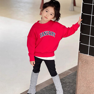 潮牌儿童新年红色加绒卫衣25蛇年男童过年衣服女童一体绒保暖上衣