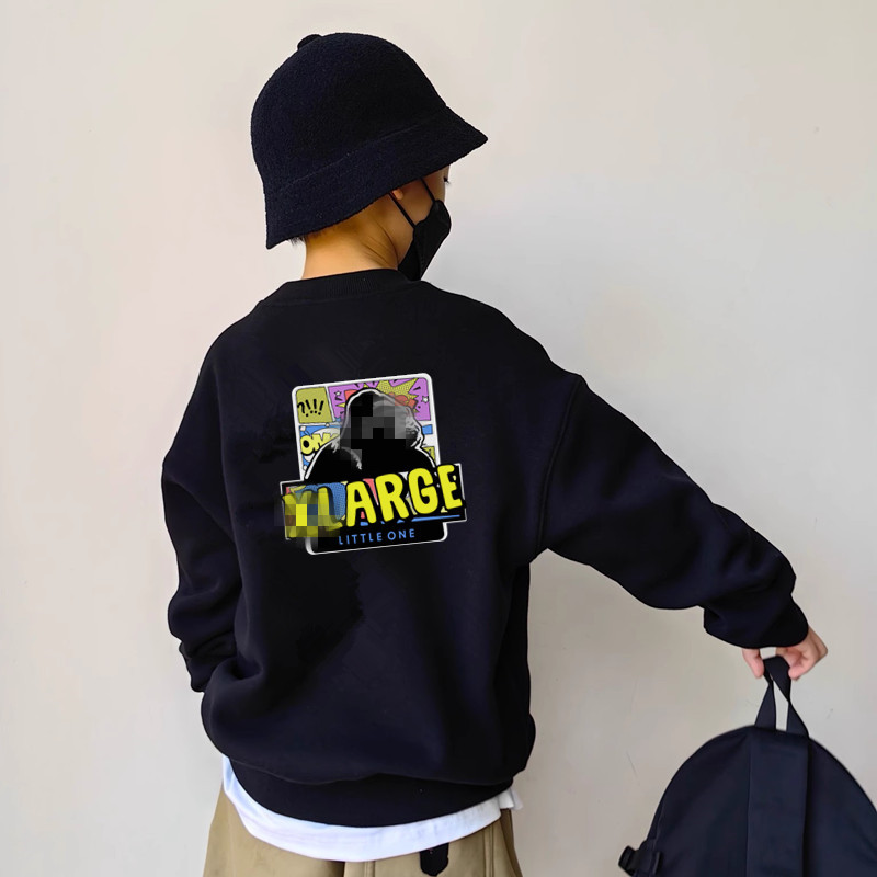 日系潮牌儿童圆领打底上衣酷黑字母男童休闲卫衣中大童套头衫女童