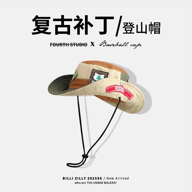 个性渔夫帽子男女复古补丁贴布街头潮牌登山帽户外露营西部牛仔帽