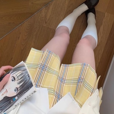 三月梨/本治高等原创jk制服奶黄色校供感百褶格裙春夏女半身裙
