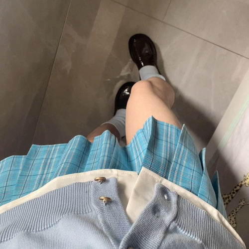 霁青/本治高等原创蓝色jk格裙春季TR百褶裙女a字半身裙显白校供感