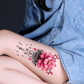 3张莲花荷花纹身贴粉色大图防水女性感魑魅大腿剖腹产遮疤臂持久