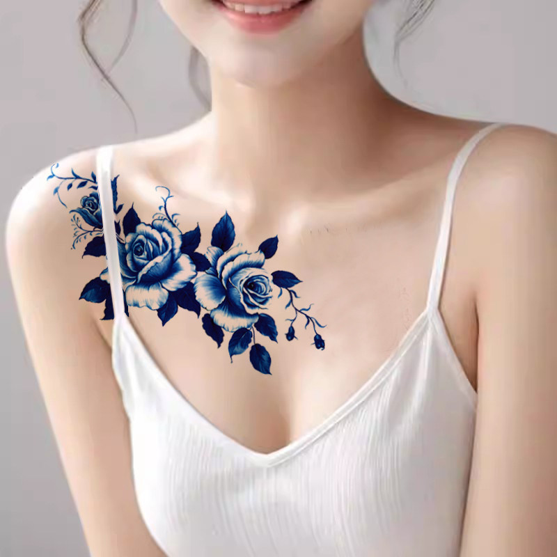 蓝色身体彩绘防水女玫瑰纹身贴纸