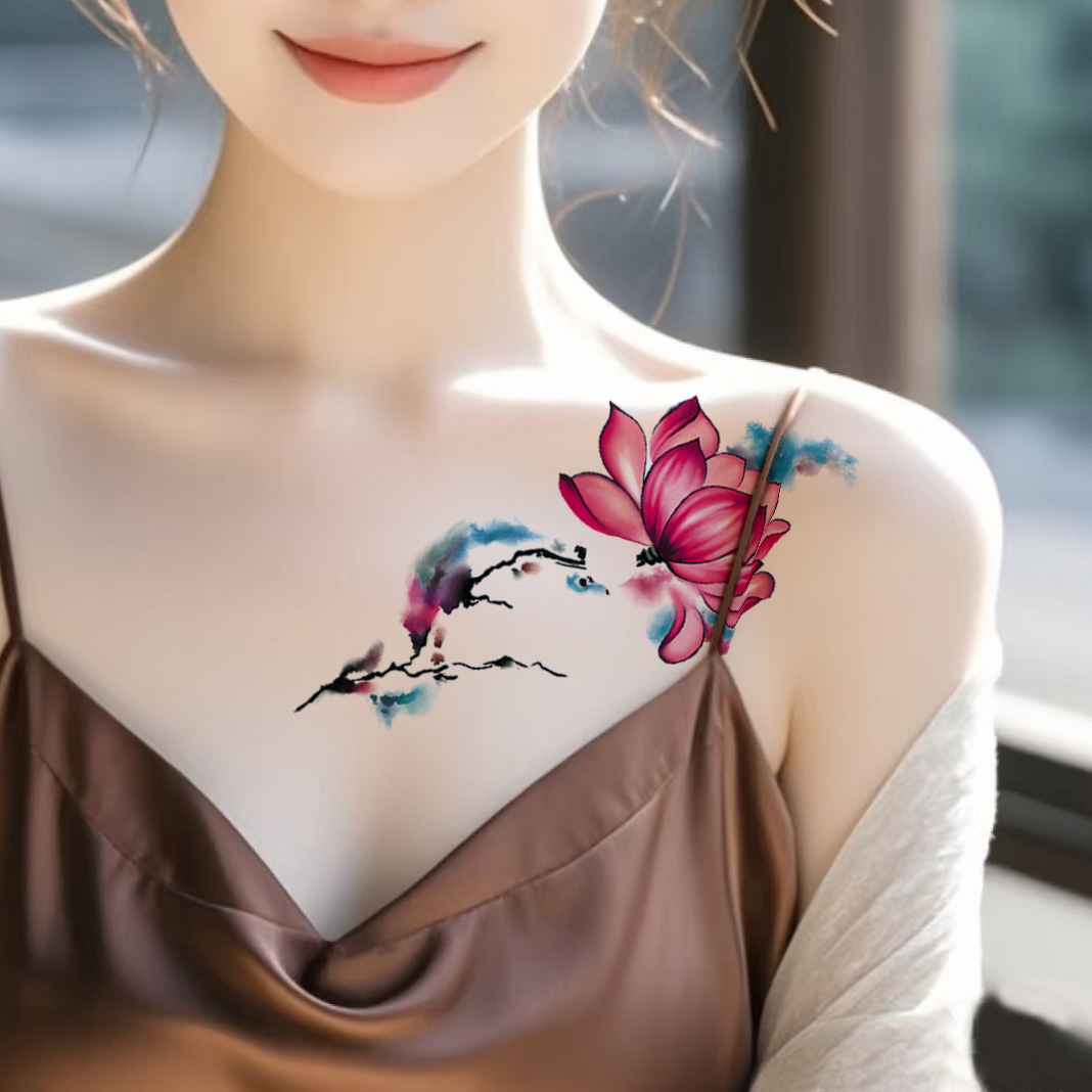 6张妆容彩绘水墨荷花花朵纹身贴防水持久女锁骨贴纸性感遮疤腿肚