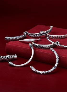 本命年复古男女半手镯弯管足银