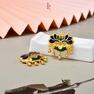 復(fù)古燒藍(lán)蓮花錢幣平安鎖吊墜琺瑯彩鈴鐺項(xiàng)鏈國(guó)潮鍍真黃金18k足金