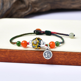 足银手链太阳花圆满本命年夺魁财气大丰收南红手串男女新复古