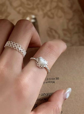 s925纯银拉丝爱心戒指女 轻奢小众风ins甜美精致蕾丝花边开口指环