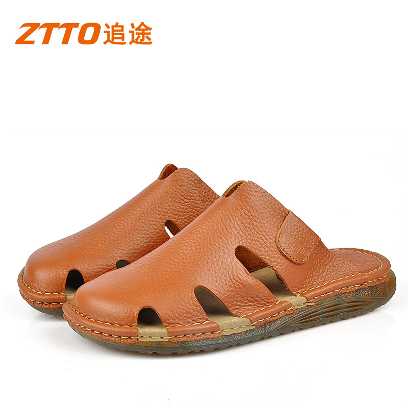 ZTTO男式真皮包头牛津底厚底一字拖鞋防滑牛皮耐磨夏季手工皮拖鞋