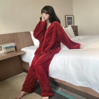 开档隐形拉链不退红色珊瑚绒睡衣秋冬加厚保暖结婚喜庆可外穿家居