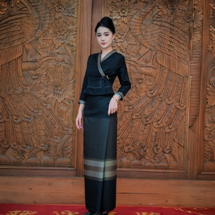 黑色显瘦秋冬款傣族套装西双版纳传统复古气质傣族服饰筒裙女装