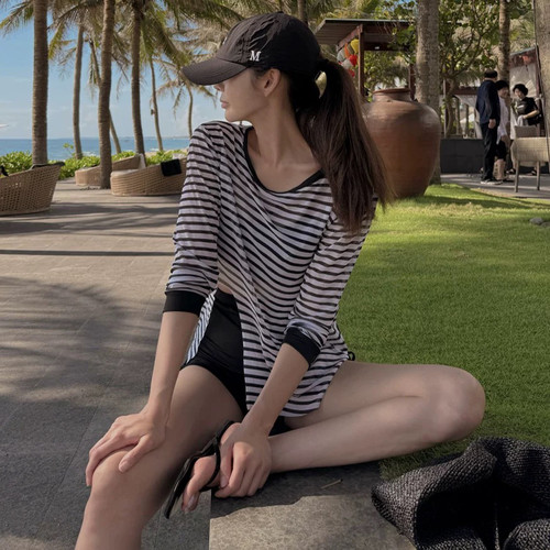 条纹分体比基尼三件套泳衣高腰