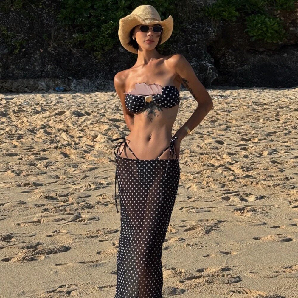 泳衣女黑白波点抹胸比基尼长裙三件套性感透视雪纺纱裙度假风温泉