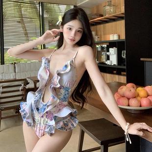 泳衣女法式 印花连体三角纯欲风性感辣妹小胸聚拢温泉沙滩度假风