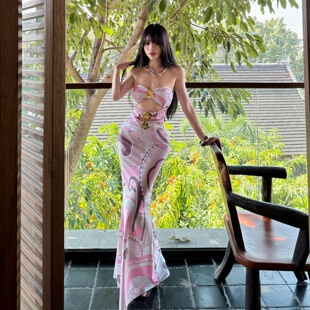 沿海时光泳衣女印花抹胸连体长裙两件套度假修身小胸聚拢海边温泉