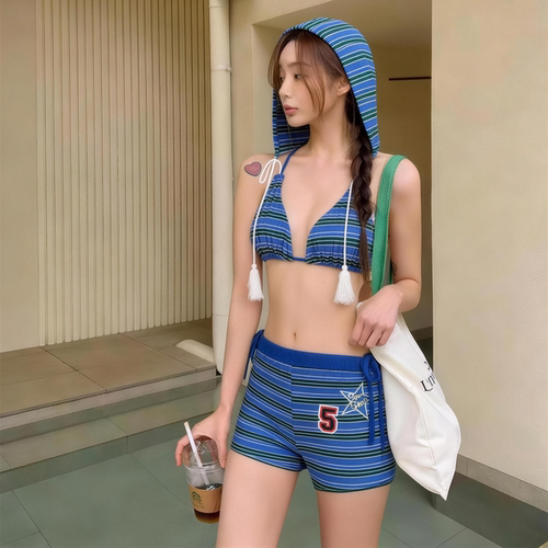 条纹分体辣妹比基尼四件套泳衣女